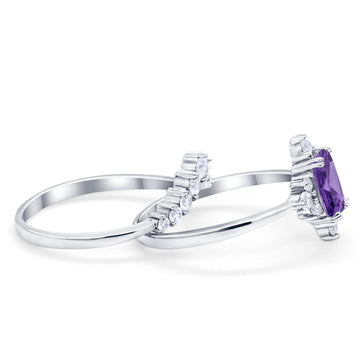 Art Deco Two Piece Wedding Ring Emerald Cut Simulated Amethyst CZ 925 Sterling Silver